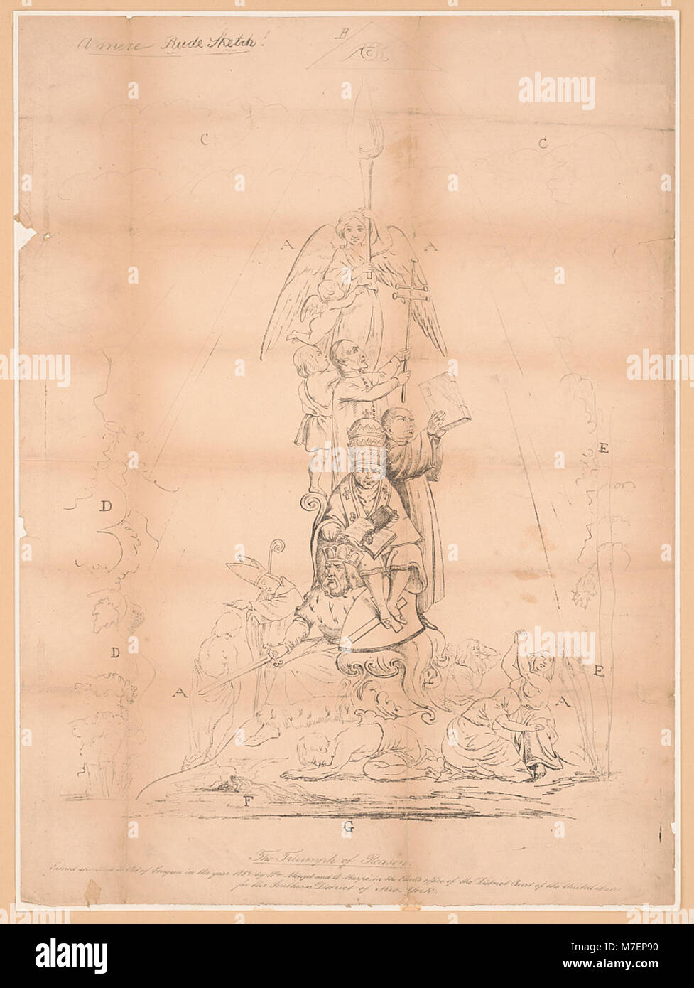 „Der Triumph der Vernunft“ wird als grobe, konzeptionelle Skizze dargestellt, die ein philosophisches Thema veranschaulicht. Die Skizze symbolisiert den Konflikt und den Sieg der Vernunft über das Chaos. Stockfoto