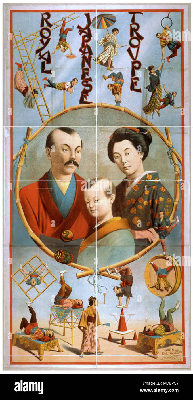 Ein Werbebild mit der königlichen japanischen Truppe, bekannt für ihre traditionellen Aufführungen. Die Truppe führte verschiedene Aspekte der japanischen Kulturkunst auf, darunter Theater und Tanz. Stockfoto