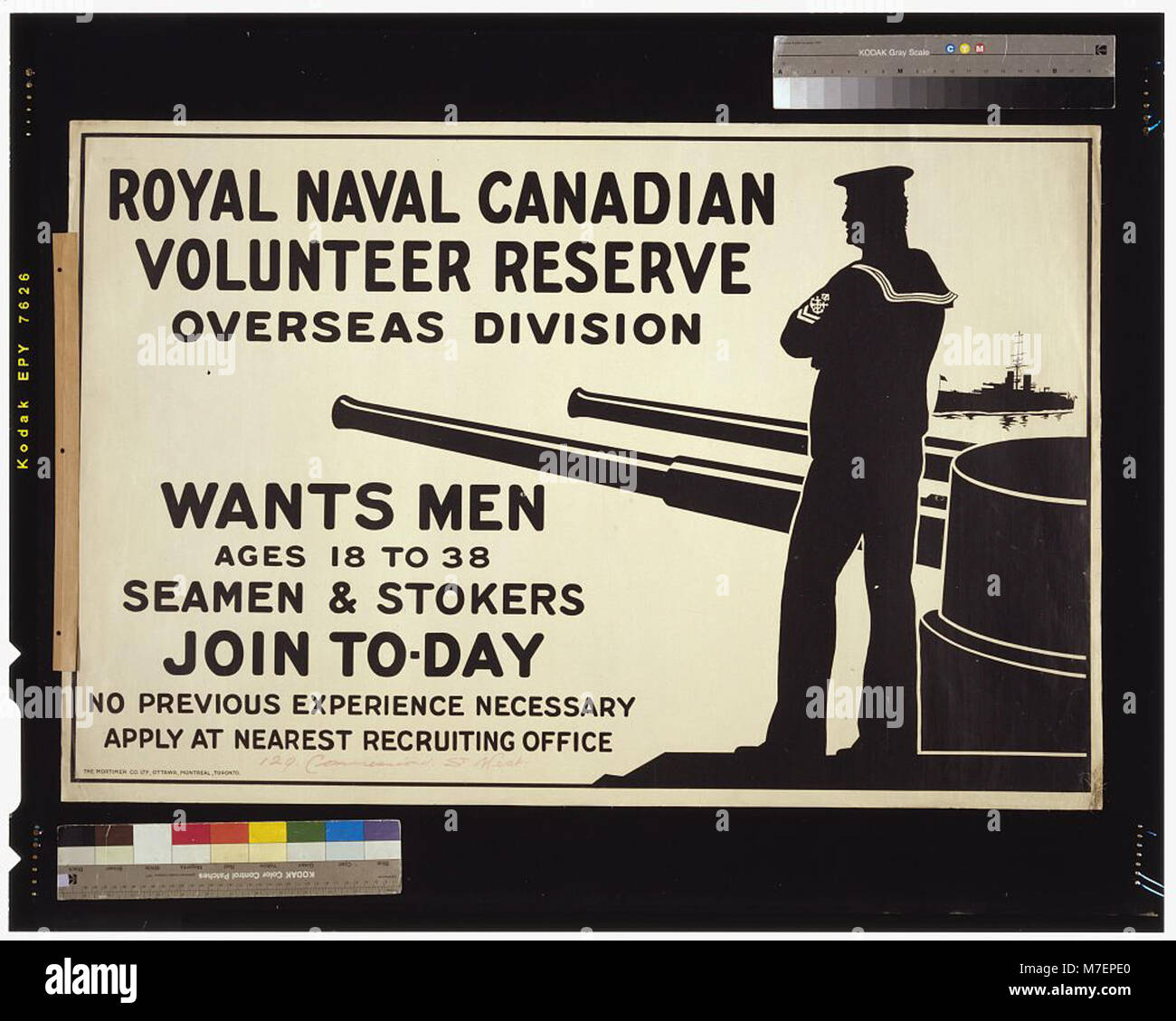 Die Royal Naval Canadian Volunteer Reserve rekrutierte während des Ersten Weltkrieges Männer für den Dienst in der Overseas Division. Dieses Rekrutierungsplakat ruft Seeleute und Stoker im Alter von 18 bis 38 Jahren dazu auf, sich der Arbeit anzuschließen. Stockfoto