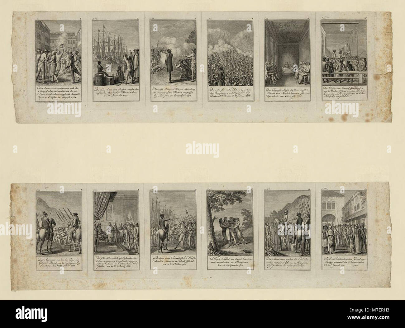 Eine Serie von 12 Illustrationen, die Ereignisse und Schlachten der Amerikanischen Revolution (1775–1783) darstellen, von D. Chodowiecki geschaffen und von D. Berger graviert. Diese Werke geben einen visuellen Einblick in die revolutionäre Periode. Stockfoto