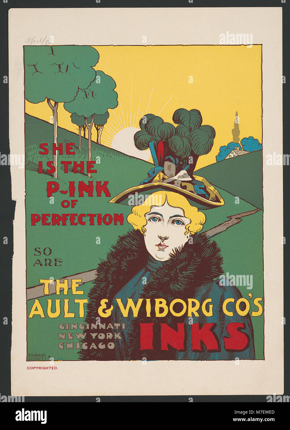 Eine Werbung für die Tinten von Ault und Wiborg Co., die ihre Qualität mit dem Satz „das Rosa der Perfektion“ hervorheben. Das Image fördert das Produkt des Unternehmens als Spitzenreiter in der Druckindustrie. Stockfoto