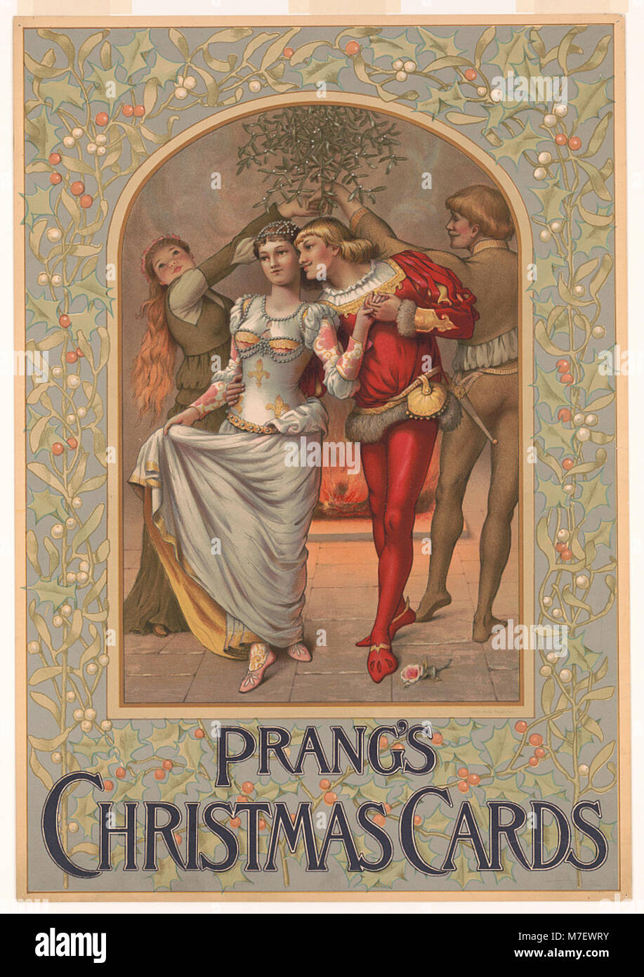 Dieses Bild zeigt eine Serie von Weihnachtskarten von Prang, einem bemerkenswerten frühen Hersteller von gedruckten Weihnachtskarten. Die Karten wurden weit verbreitet und trugen zur Popularisierung der Weihnachtskarten im späten 19. Und frühen 20. Jahrhundert bei. Stockfoto