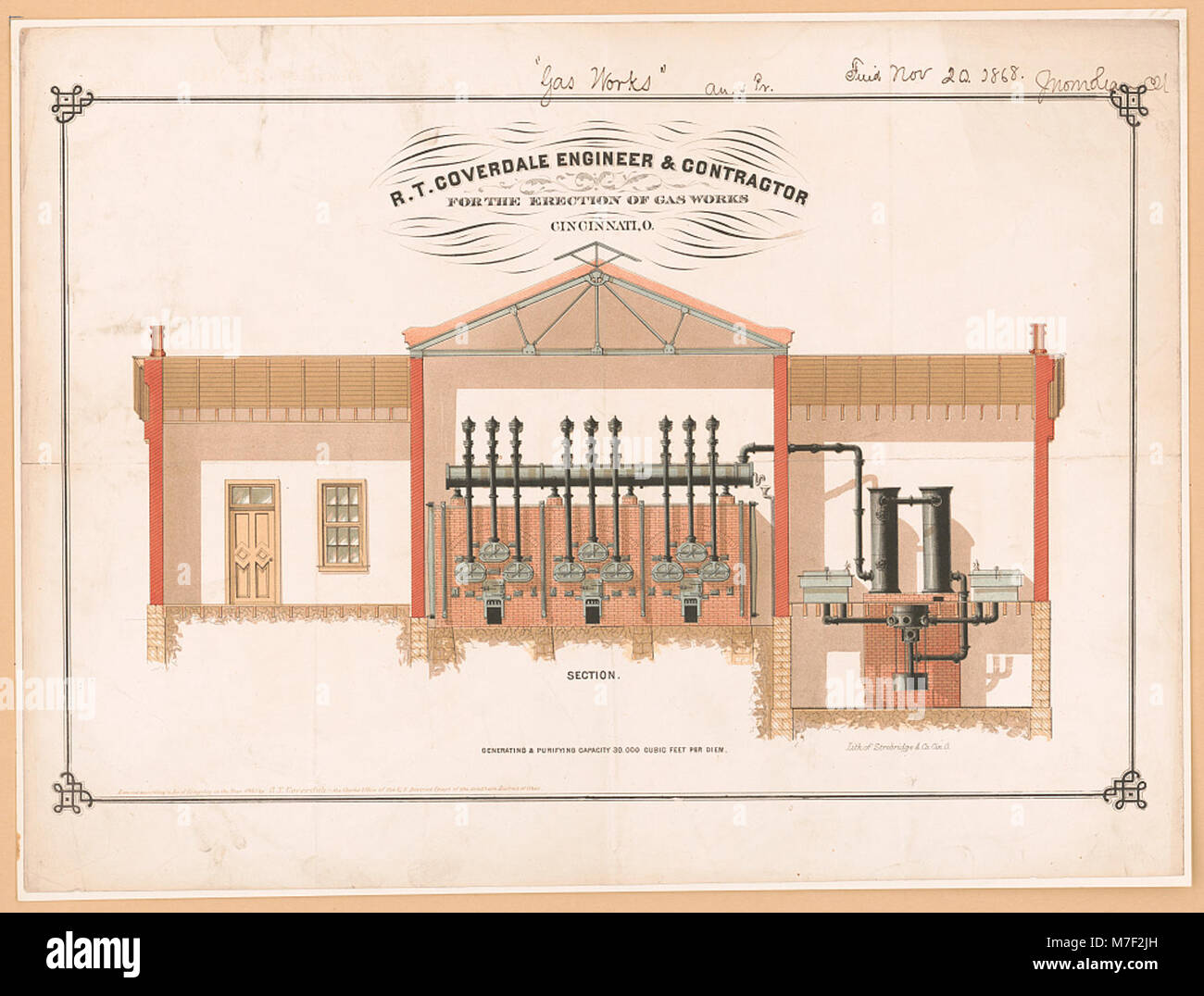 R.T. Coverdale war ein Ingenieur und Bauunternehmer, der für den Bau von Gaswerken in Cincinnati, Ohio, verantwortlich war. Diese von Strobridge & Co. Produzierte Lithografie zeigt die industrielle Entwicklung in der Region während des späten 19. Jahrhunderts. Stockfoto
