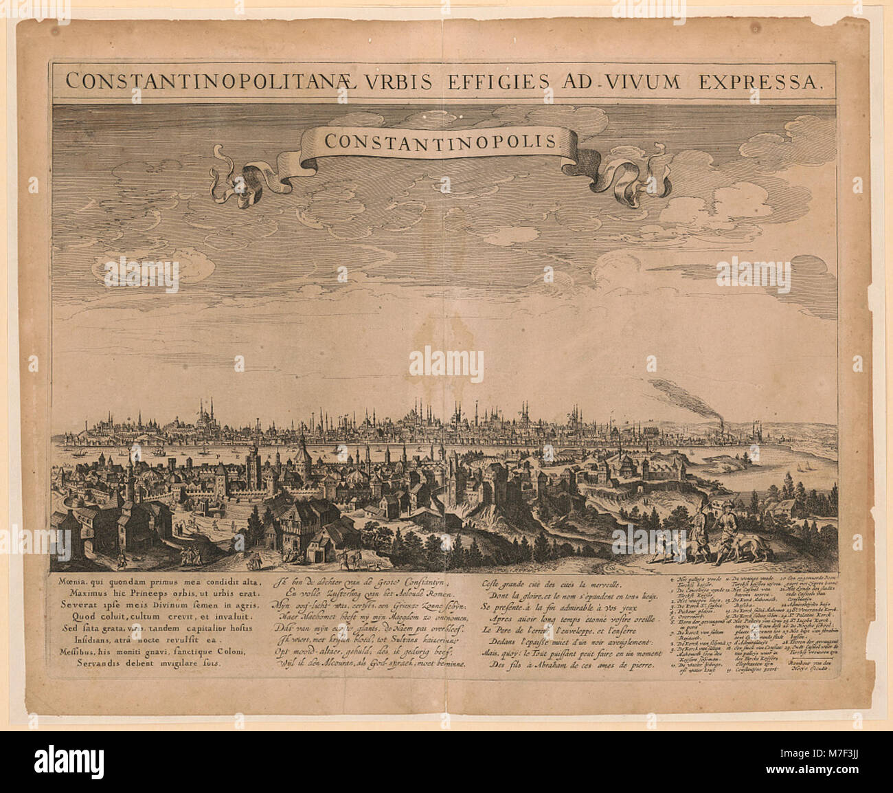 Eine künstlerische Darstellung von Konstantinopel (dem heutigen Istanbul) von Rombout van den Hoe. Das Bild spiegelt die architektonische Pracht und das kulturelle Erbe der Stadt während der byzantinischen Ära wider. Stockfoto