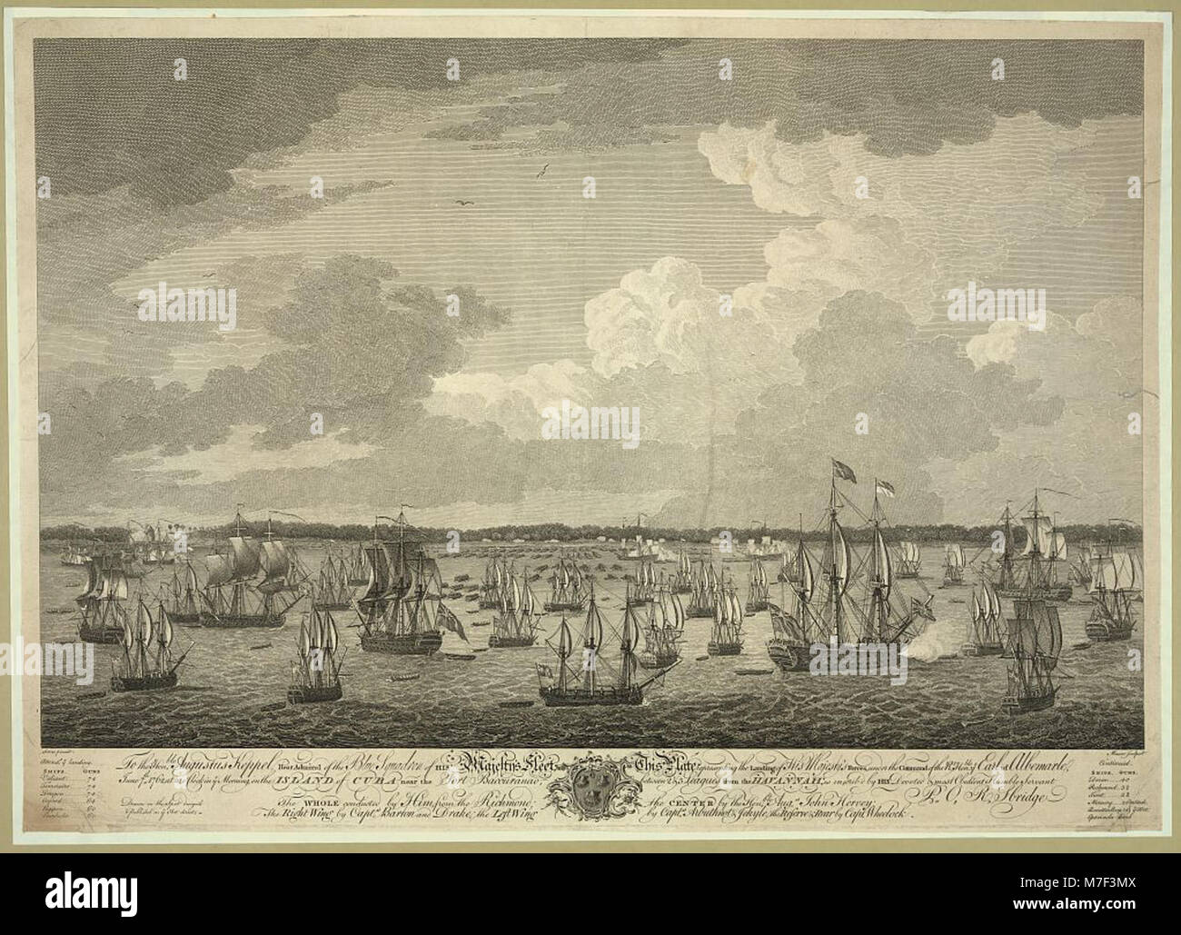 Ein Bild, das die Landung der Truppen seiner Majestät unter der Führung des Earl of Albermarle während des Feldzugs in Kuba zeigt. Die Szene fängt den historischen Moment der militärischen Ankunft auf der Insel im Krieg des 18. Jahrhunderts ein. Stockfoto