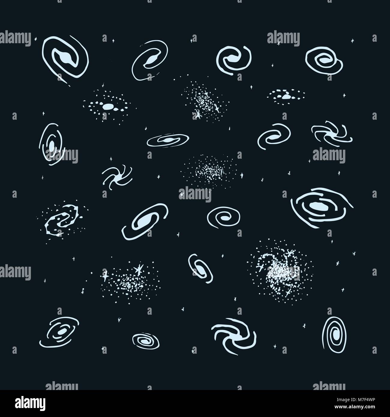 Vektor einrichten von Hand gezeichnet Galaxy. Spiralgalaxie, elliptische Galaxie, Lenticular und unregelmäßigen Nebelfleck. Platz Zeichen Stock Vektor