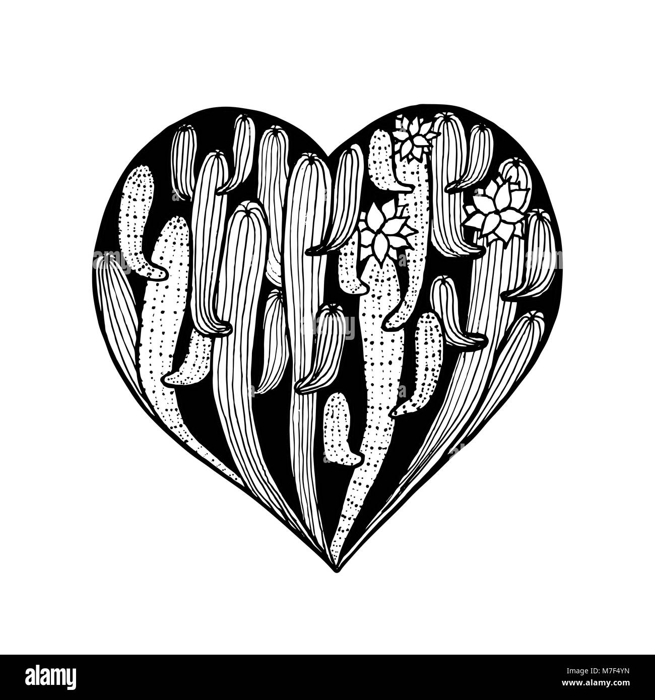 Vektor hand dawn Herzen von Kakteen. Kakteen Färbung Seite Buch Anti Stress für Erwachsene. Karte für den Valentinstag Stock Vektor