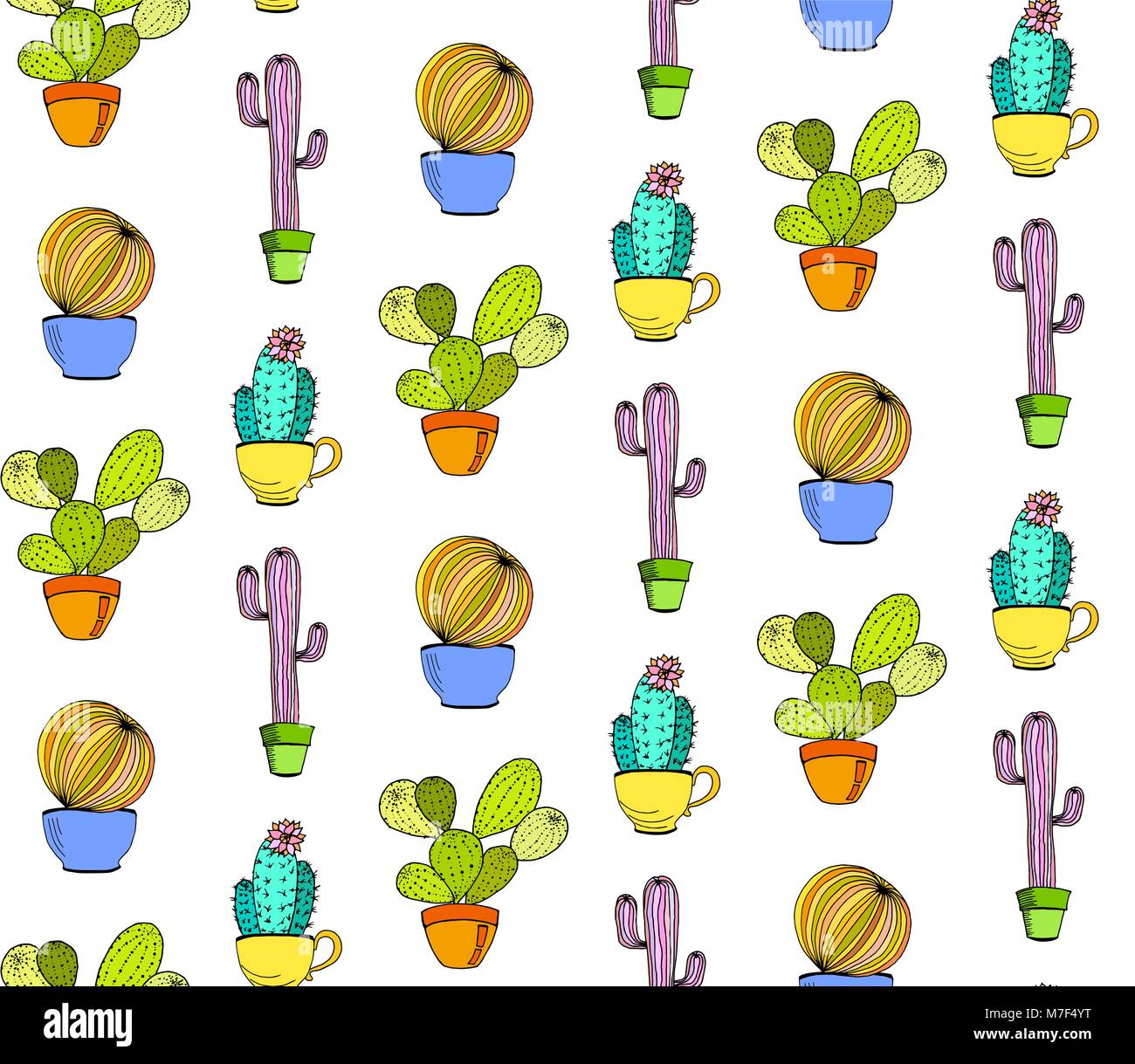 Vektor Kakteen Blume Hintergrund. Nahtlose Muster mit Kaktus im Topf. Cartoon Hand gezeichnet Kaktus. Stock Vektor