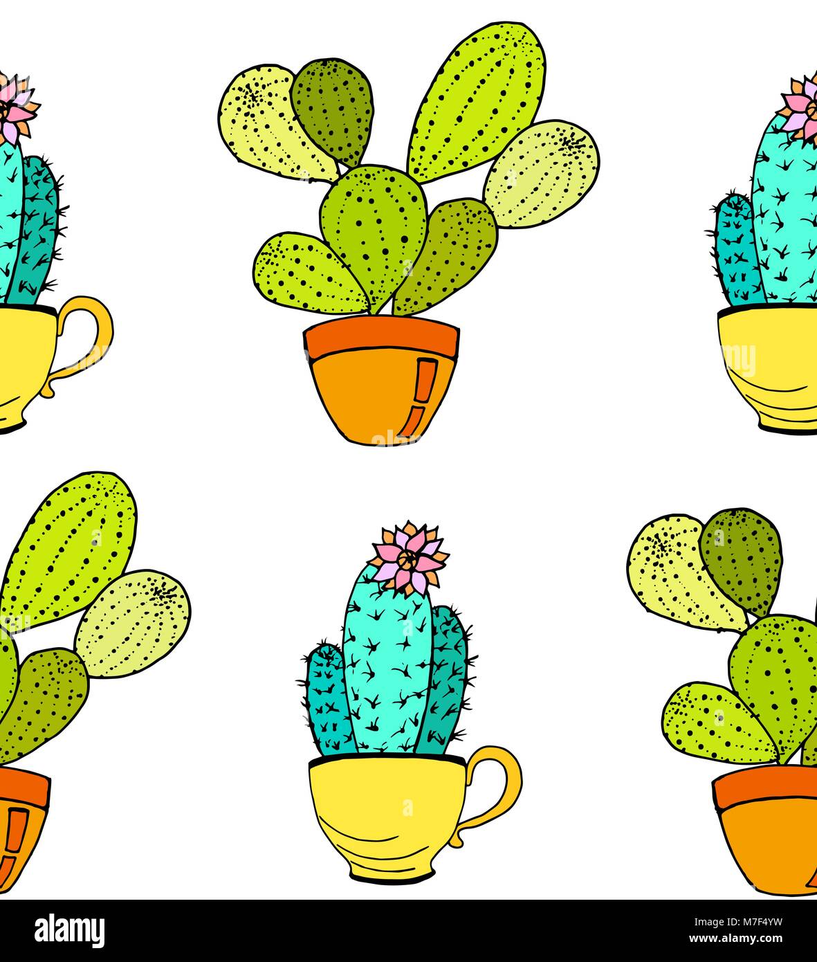 Vektor Kakteen Blume Hintergrund. Nahtlose Muster mit Kaktus im Topf. Cartoon Hand gezeichnet Kaktus. Stock Vektor