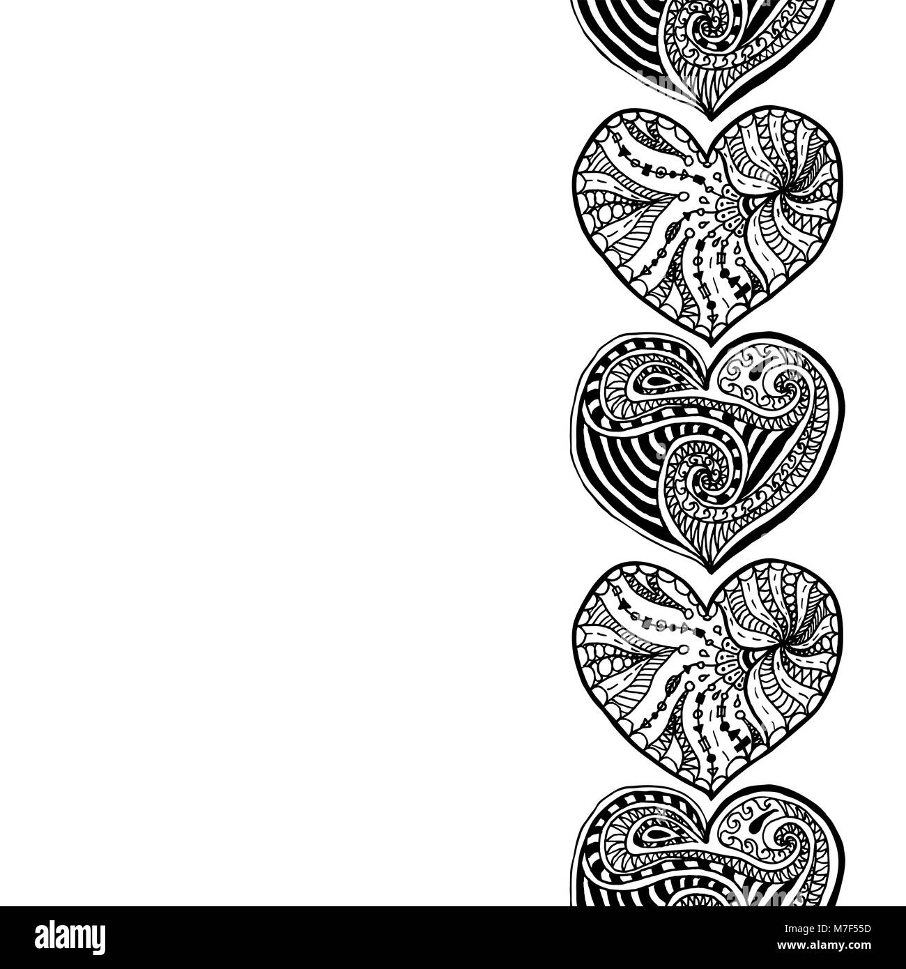 Vektor dekorative vertikale Grenze von der schwarzen Hand Zeichnung Herzen auf weißem Hintergrund. Färbung Seite Buch Grenze aus Doodle Herzen. Antistress für ADU Stock Vektor