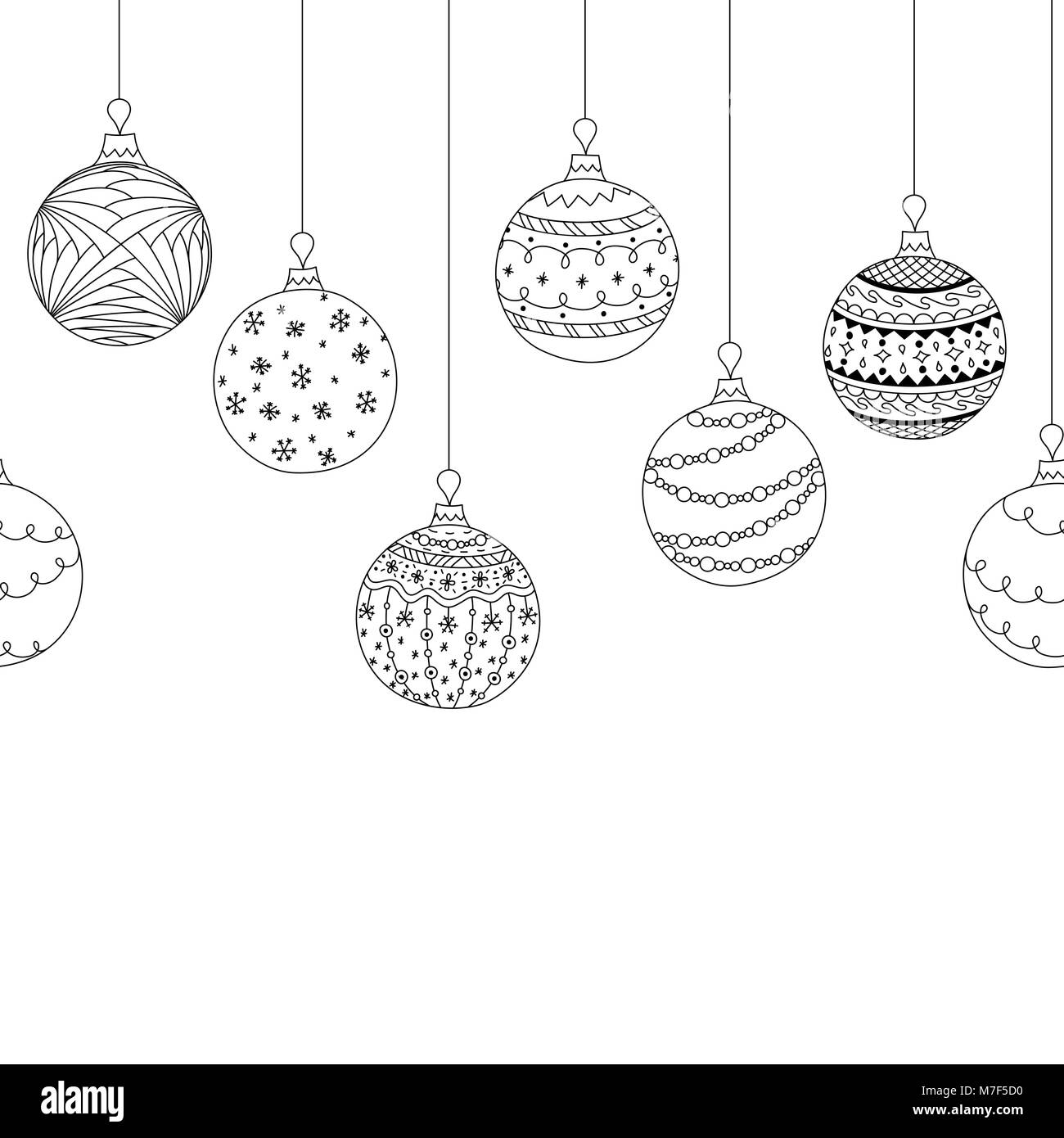 Vektor nahtlose dekorative Grenze von Hand zeichnen christmas tree Ball Spielzeug. Gruß Einladung Weihnachten Hintergrund. Färbung Seite Buch Stock Vektor