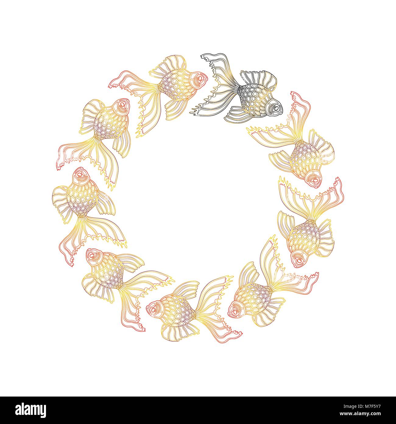 Vektor 9 Hand Goldfische schwimmen in einen Kreis gezeichnet. Neun goldenen Goldfische und eine schwarze Goldfische. Aquarium Feng Shui. Line art design Goldfisch ro Stock Vektor