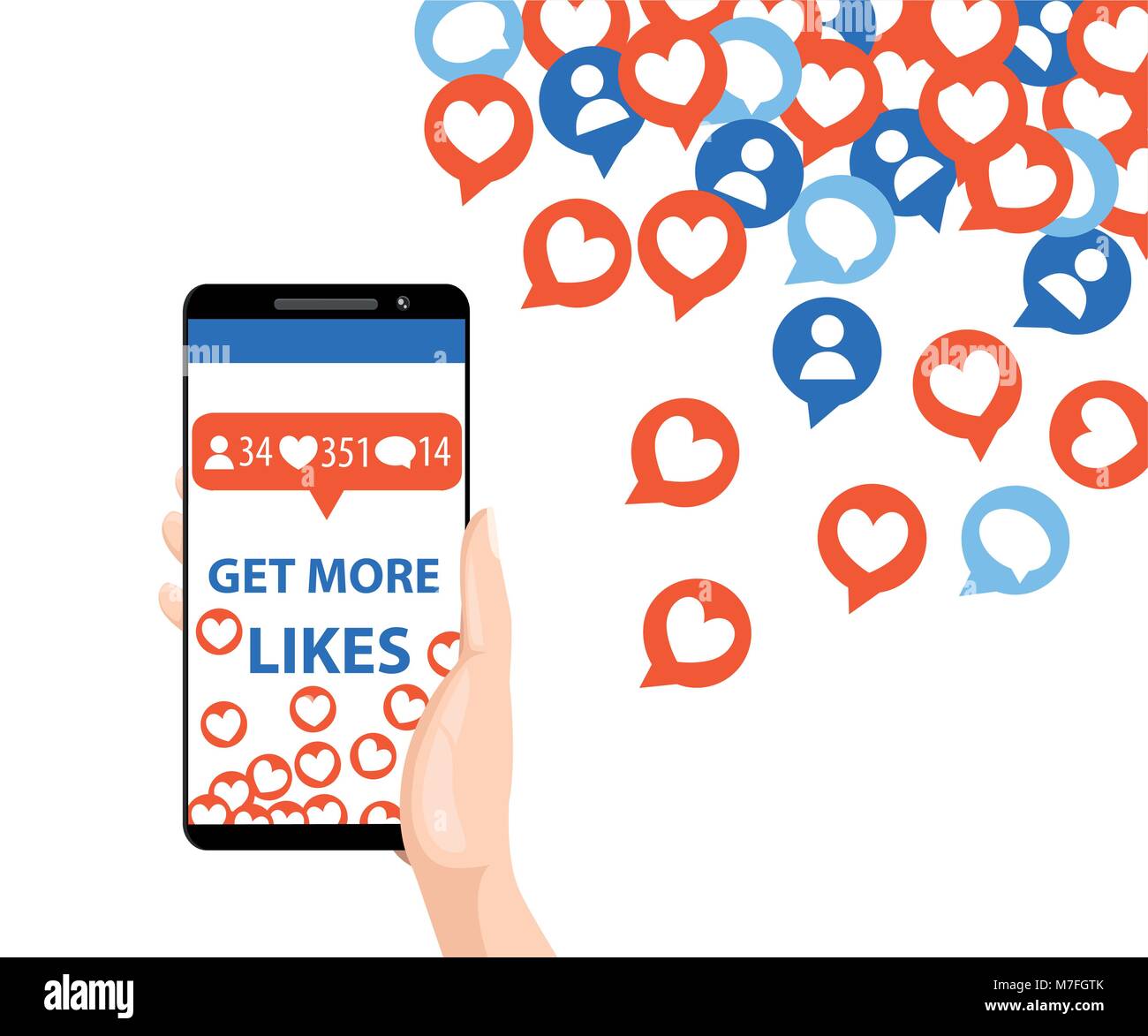 Mehr Mag. Smartphone ziehen möchten. SEO-Konzept. Hand smartphone. Designelemente für soziales Netzwerk, Marketing. Vector Illustration Isola Stock Vektor