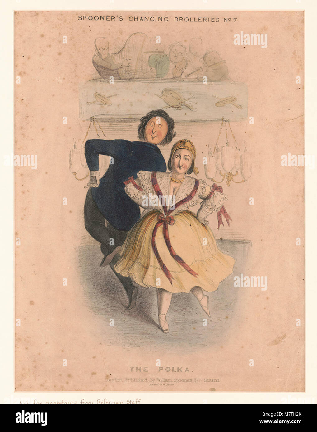 Dieses Bild repräsentiert „die Polka“, einen populären sozialen Tanz mit Wurzeln in Osteuropa, geprägt von lebhaften, schnellen Bewegungen. W. Kohlers Darstellung fängt die Energie und den Stil des Tanzes ein. Stockfoto