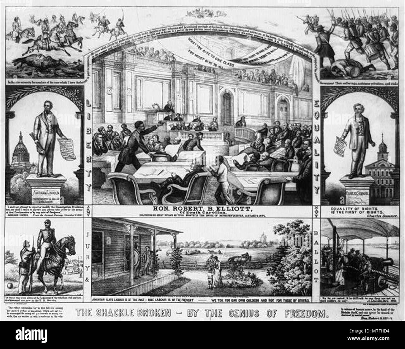 Eine künstlerische Darstellung, die Freiheit und das Zerbrechen von Ketten symbolisiert und möglicherweise Themen der Emanzipation oder Befreiung reflektiert, inspiriert von historischen Ereignissen wie der Abschaffung der Sklaverei. Stockfoto