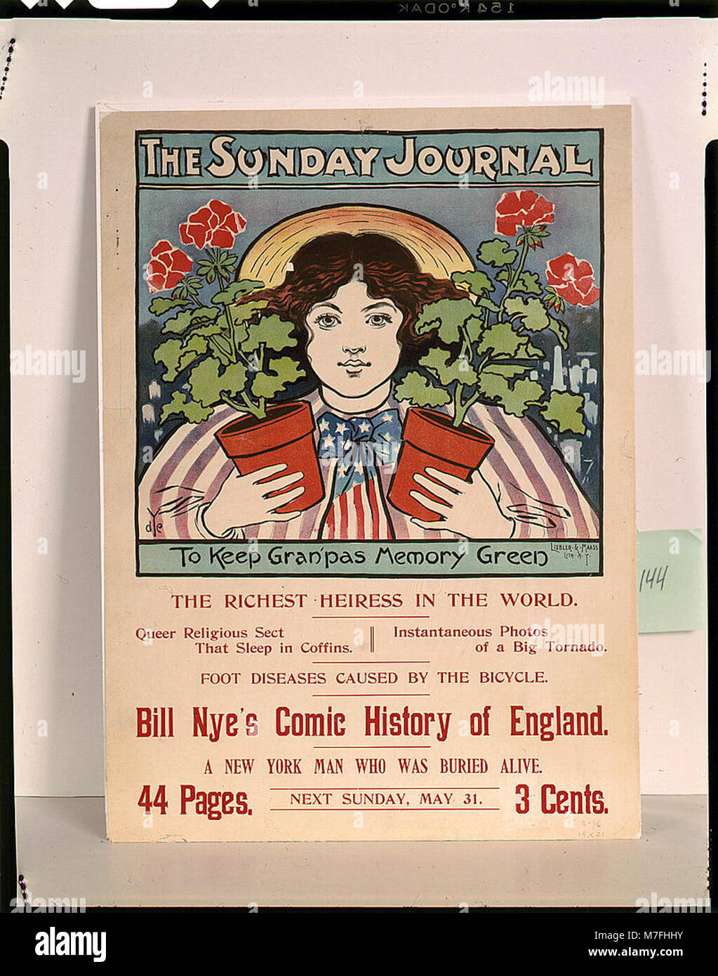 Der artikel des Sunday Journal beleuchtet zwei Geschichten: "Um gran'pas Gedächtnis grün zu halten" und "die reichste Erbin der Welt". Diese Artikel spiegeln die sozialen und kulturellen Themen der damaligen Zeit wider. Stockfoto