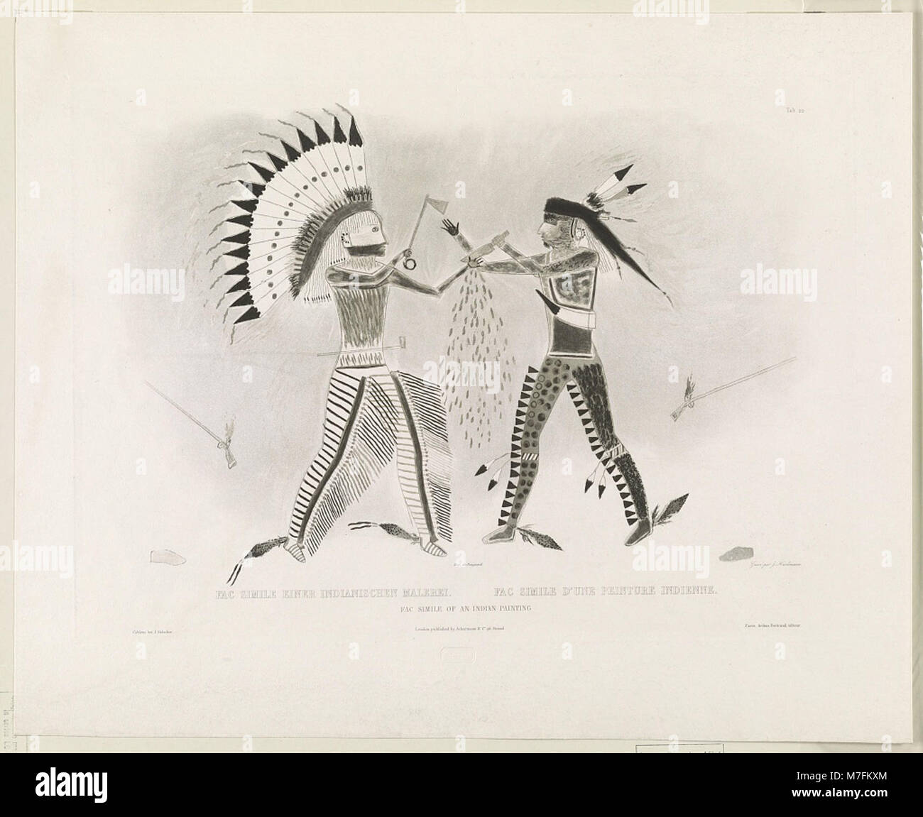 Dieses Bild zeigt ein Faksimile eines indischen Gemäldes, das indigene Kunst zeigt. Das Werk repräsentiert kulturelle Traditionen durch visuelle Darstellung und hebt den künstlerischen Ausdruck der indianischen Kulturen hervor. Stockfoto