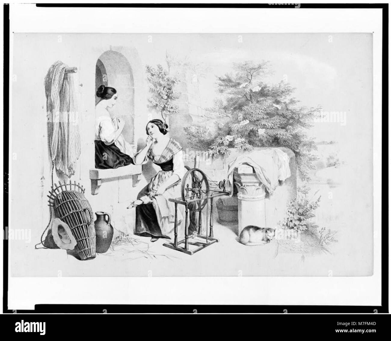 Zwei Frauen unterhalten, eine auf Fensterbank nähen Stoff sitzt, der andere sitzt von Spinnrad mit einem spinnrocken in der einen Hand LCCN 93511179 Stockfoto