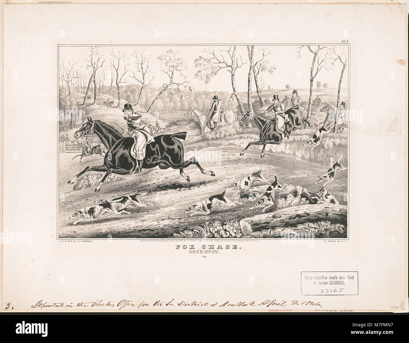 Ein Foto, das eine Szene aus einer Fuchsjagd mit dem Titel „verschwunden“ aufnimmt und wahrscheinlich einen Moment in der Fuchsjagd darstellt. Stockfoto