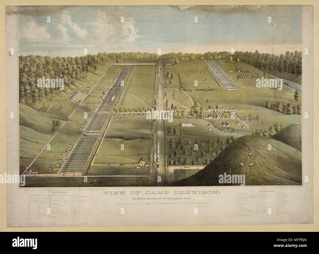 Ein lithographischer Blick auf Camp Dennison, das sich 26 km nordöstlich von Cincinnati, Ohio, befindet und dessen Grundriss und Umgebung zeigt. Stockfoto