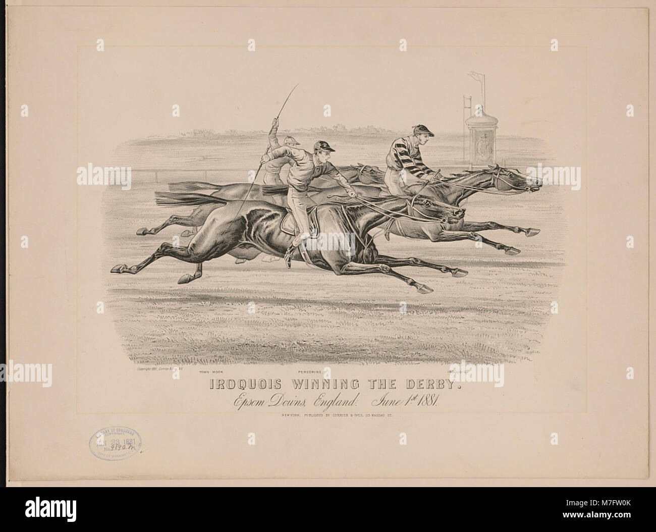 Irokesen, ein Vollblut-Rennpferd, gewann am 1. Juni 1881 das Derby in Epsom Downs und war damit ein historischer Sieg im britischen Pferderennen. Diese Veranstaltung ist einer der bedeutendsten Momente in der Geschichte der Rennbahn und des Sports. Stockfoto