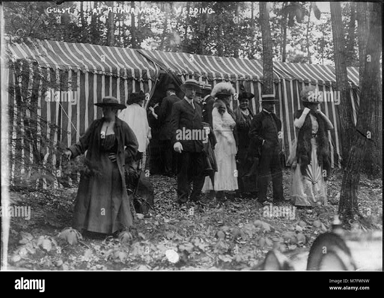 Gäste treffen sich vor einem Zelt bei der Arthur Wood Wedding in New York City und halten einen Moment der Feier und Eleganz fest. Das Foto zeigt eine Hochzeitsfeier, die das gesellschaftliche Leben und die Traditionen des frühen 20. Jahrhunderts widerspiegelt. Stockfoto