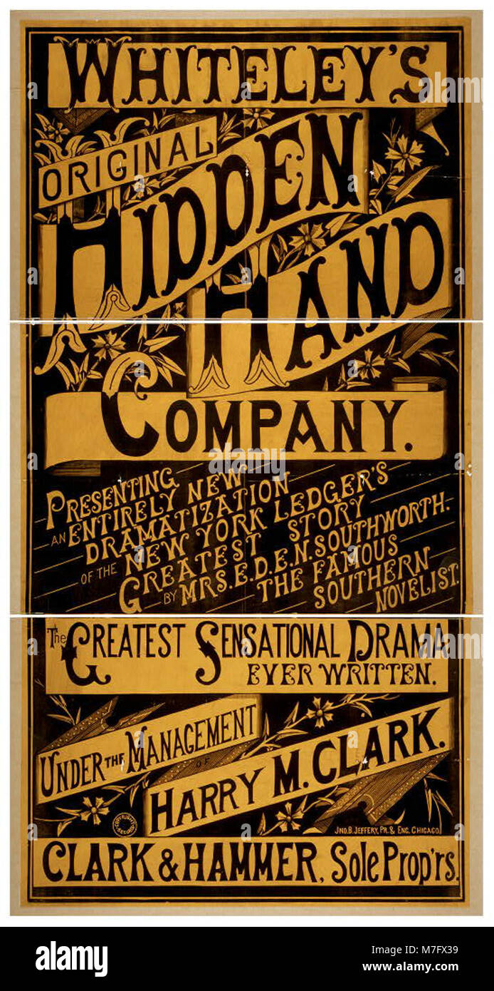 Dieses Bild zeigt eine neue Dramatisierung von Whiteleys ursprünglicher Hidden Hand Company, basierend auf einer Geschichte von Mrs. E.D.E.N. Southworth, einer renommierten Südstaaten-Romanautorin, die ihre literarischen Beiträge zum Amerika des 19. Jahrhunderts widerspiegelt. Stockfoto