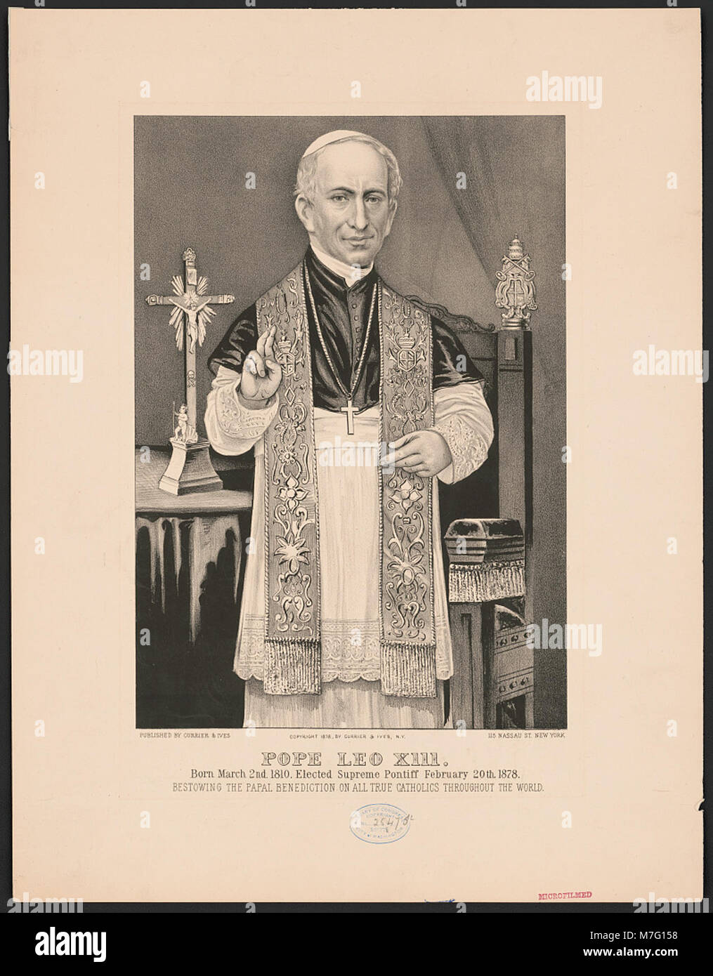 Ein Porträt von Papst Leo XIII., geboren am 2. März 1810, der am 20. Februar 1878 zum 256. Papst der römisch-katholischen Kirche gewählt wurde. Er diente bis zu seinem Tod im Jahr 1903, bekannt für seine Bemühungen um Sozialreform und Vatikanische Diplomatie. Stockfoto