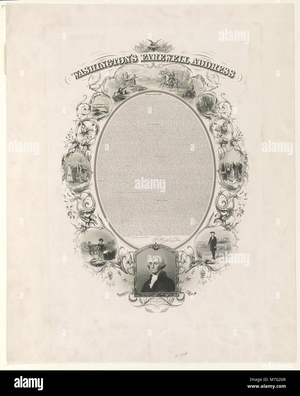 Ein historisches Dokument mit George Washingtons Abschiedsrede, das 1796 ausgestellt wurde. Diese Rede beriet die Nation in Fragen wie ausländischen Bündnissen und politischen Parteien. Stockfoto