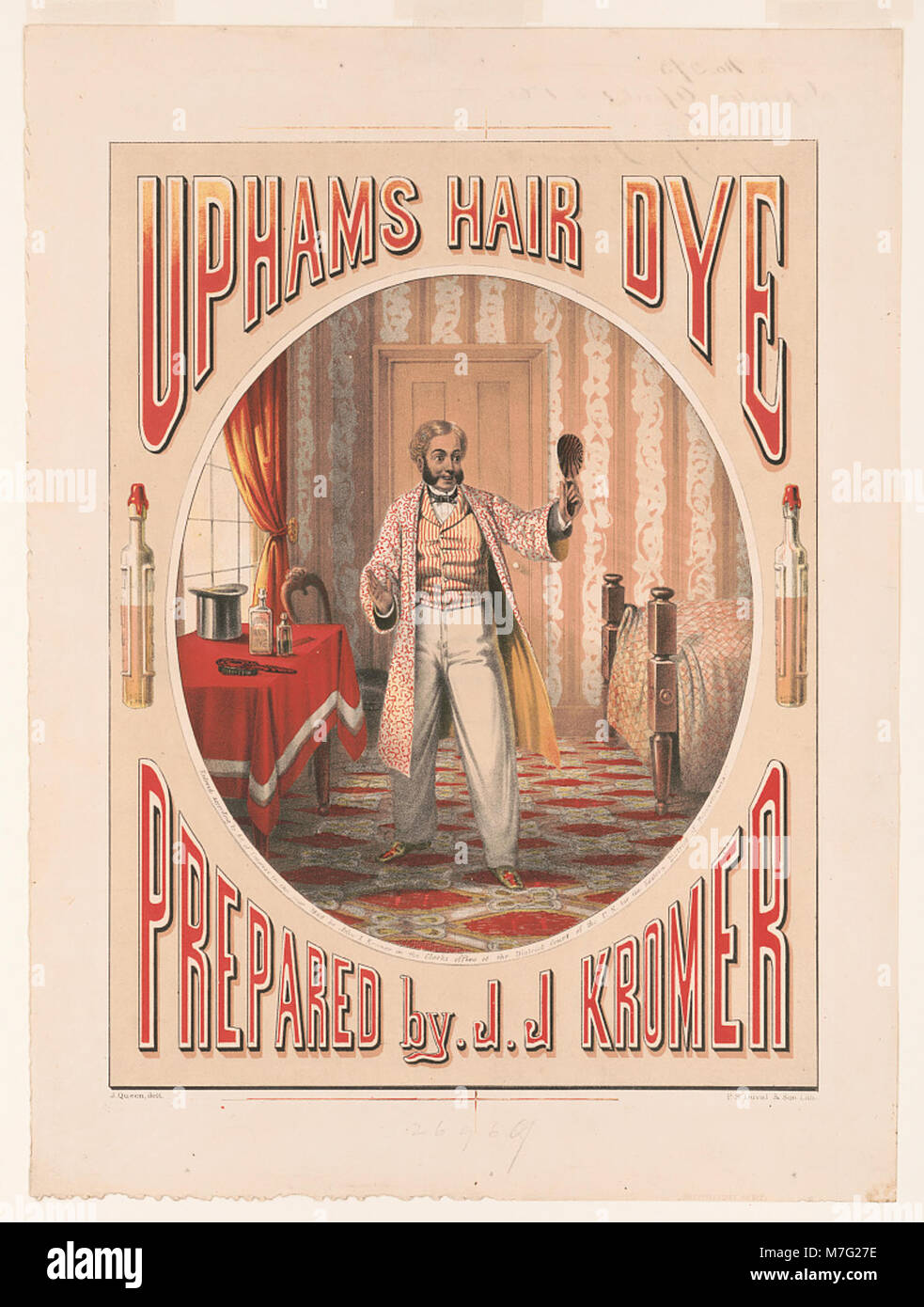 Diese Lithografie zeigt Uphams Haarfarbe, hergestellt von J.J. Kromer, mit Beiträgen von J. Queen und P. S. Duval & Son, die Marketingtechniken des frühen 20. Jahrhunderts widerspiegeln. Stockfoto