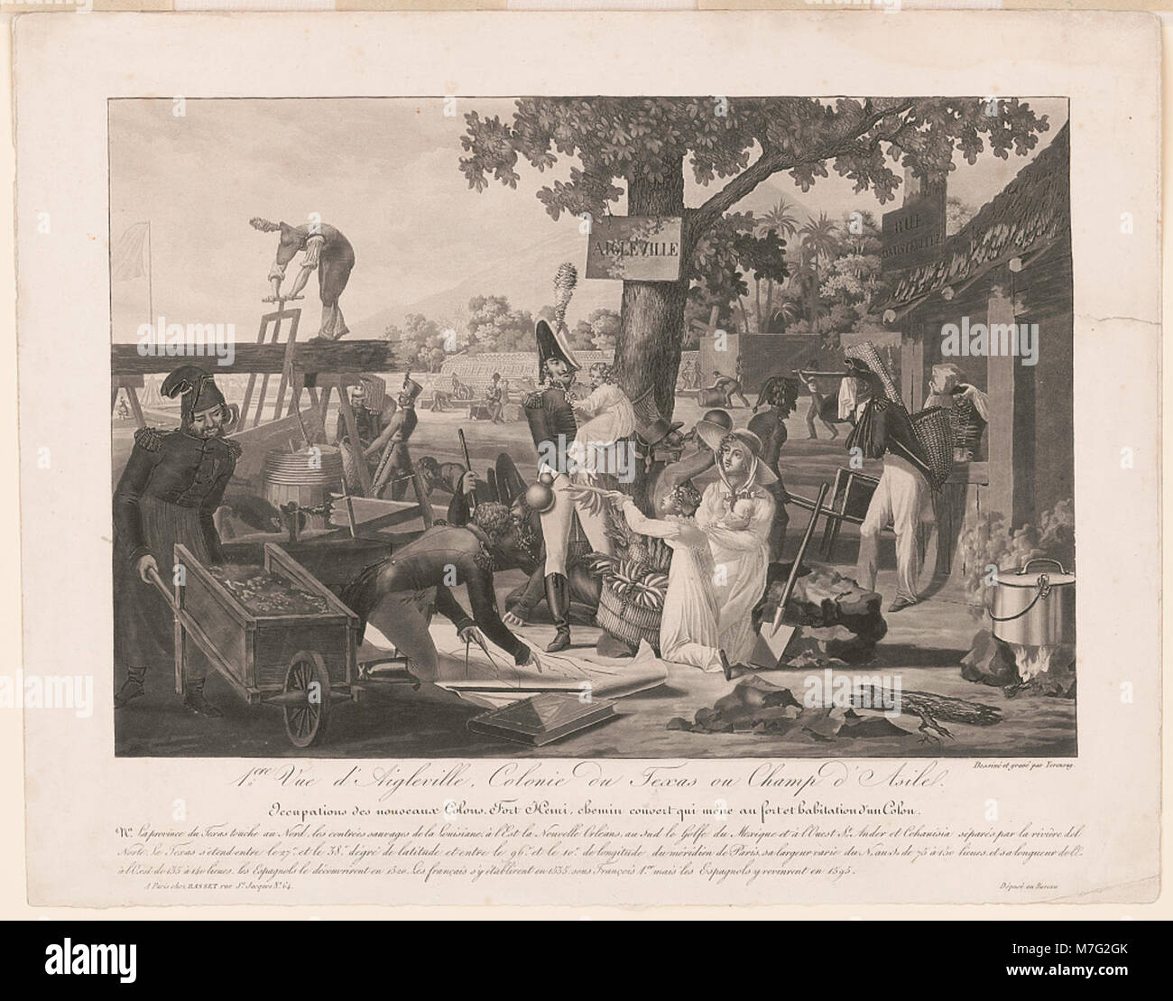 Ein früherer Blick auf die Kolonie Aigleville, Texas, oder Champ d'Asile, zeigt die Aktivitäten neuer Siedler in Fort Henri und den überdachten Pfad, der zu einer Siedlerwohnung führt. Stockfoto