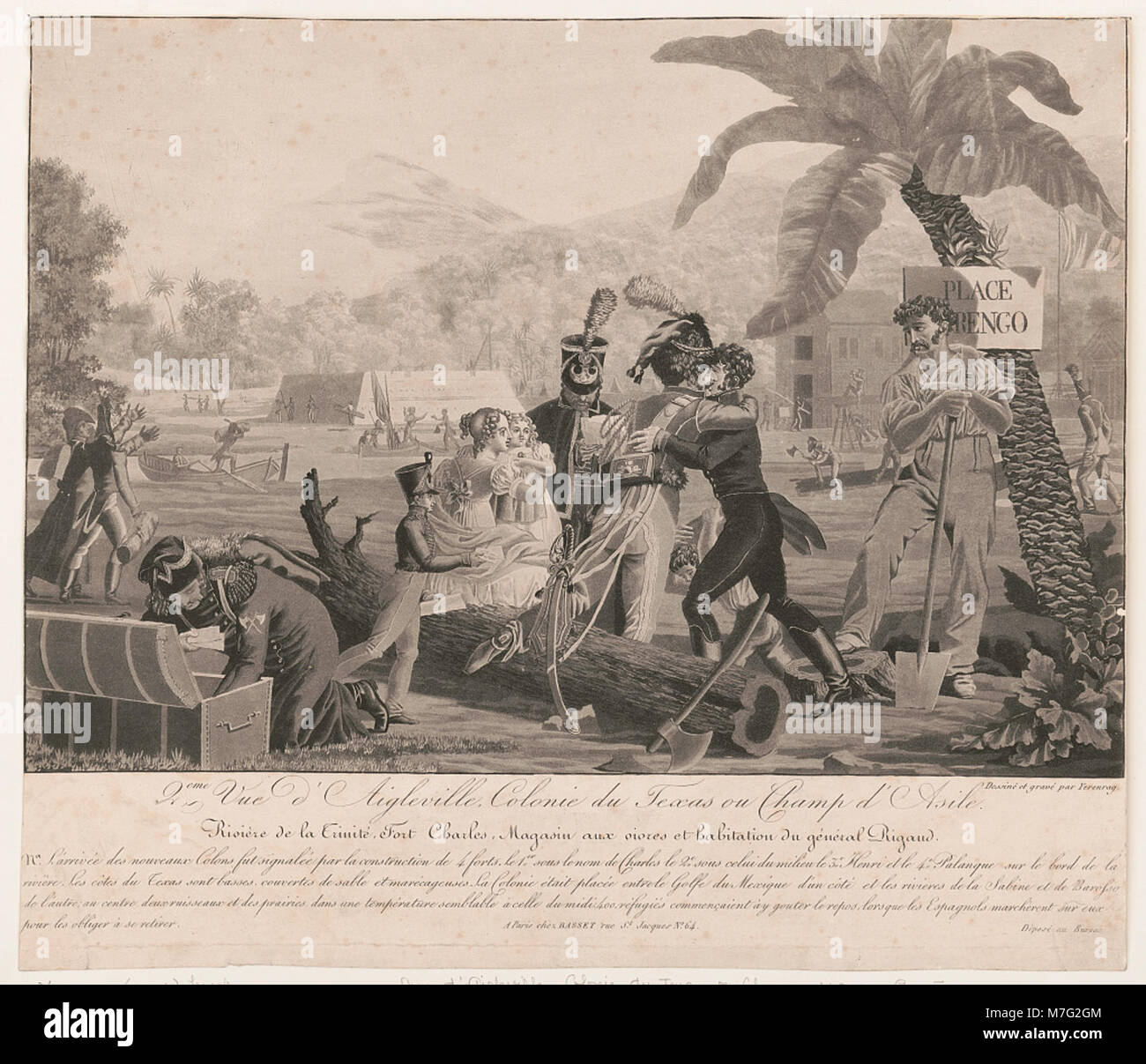 Dieser Blick auf Aigleville, eine texanische Kolonie oder Champ d'Asile, zeigt Fort Charles, ein wichtiger Ort in der frühen Geschichte der französischen Siedler in der Region. Die Szene zeigt den Fluss, das Fort und die Wohnräume. Stockfoto