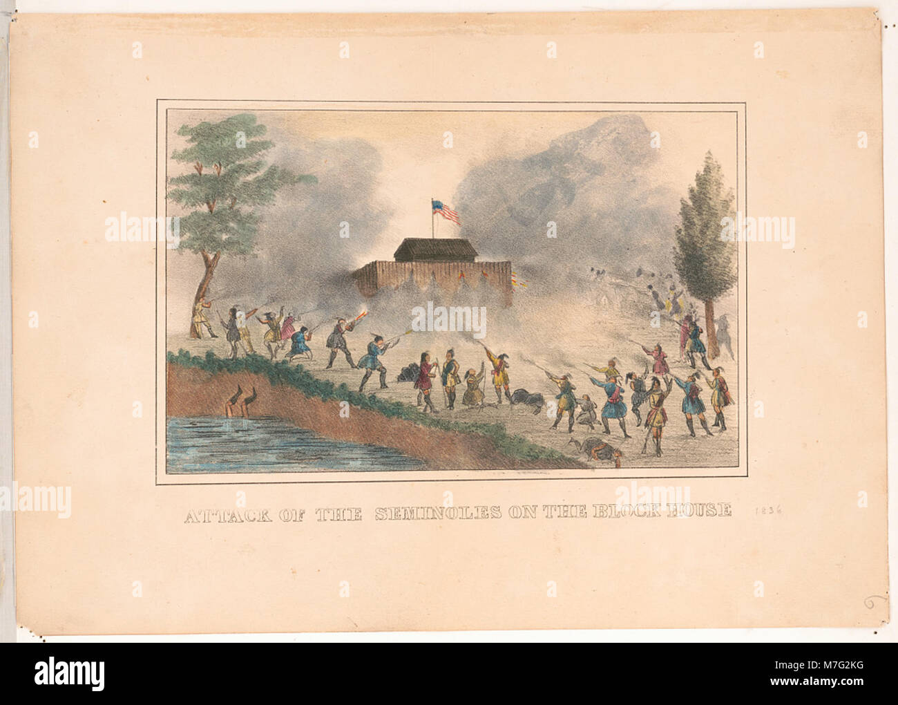 Der Angriff der Seminolen auf ein Blockhaus, der ein bedeutendes Ereignis während der Seminolenkriege in Florida darstellt und den Konflikt zwischen Indianern und US-Truppen veranschaulicht. Stockfoto