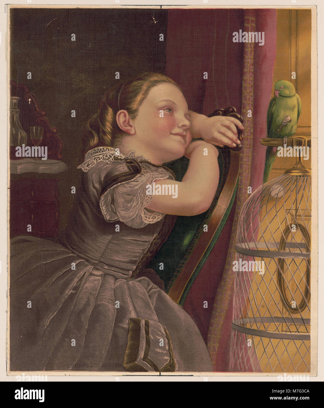 Das Foto zeigt einen Papagei namens Polly, der einen Moment des häuslichen Lebens feststellt. Das Bild ist Teil einer Serie, die den Alltag und die Gesellschaft mit Haustieren im frühen 20. Jahrhundert dokumentiert. Stockfoto