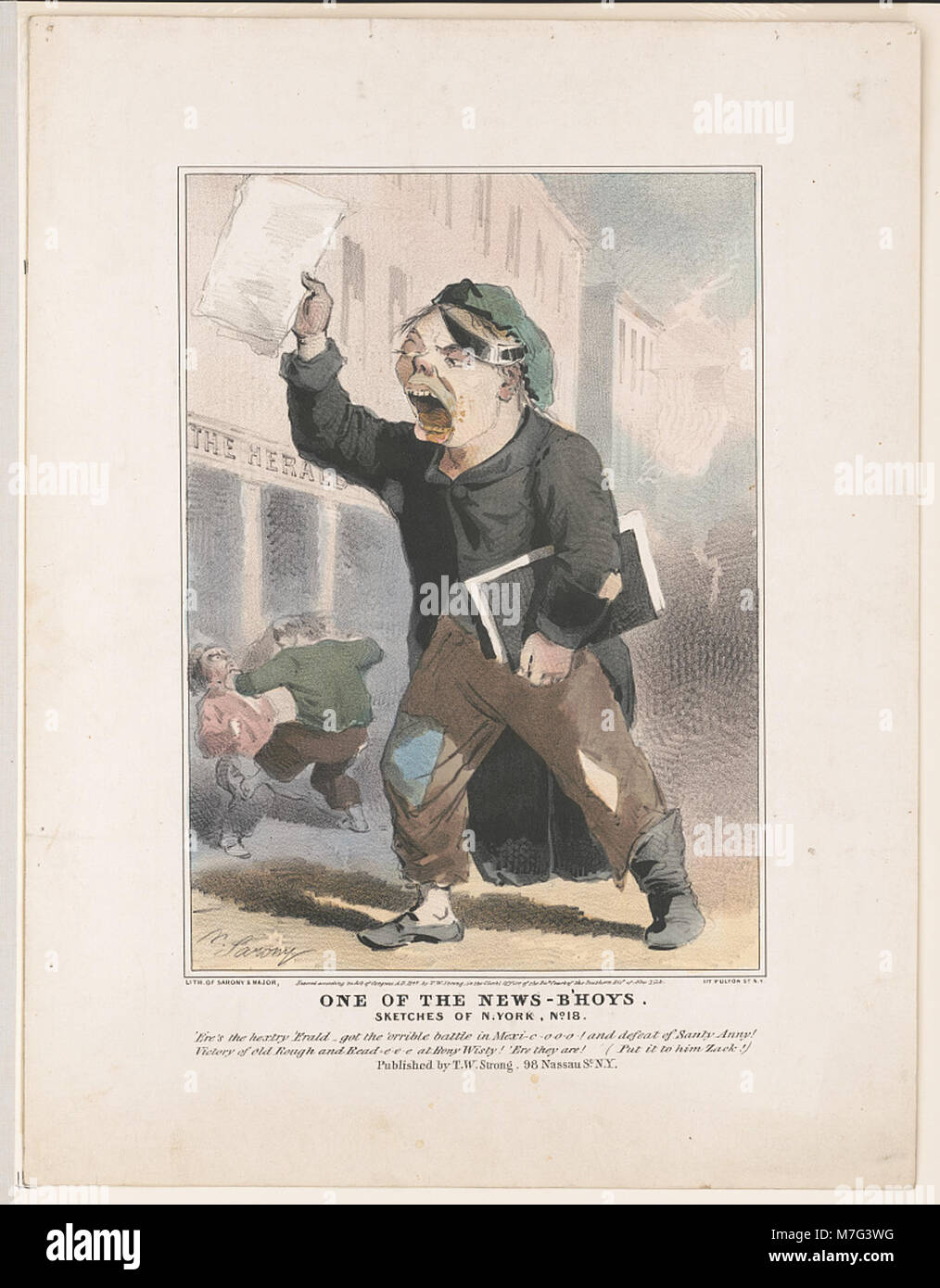 Eine Lithografie, die einen der Zeitungsjungen, bekannt als „News-b'hoys“, darstellt, die eine Person zeigt, die im späten 19. Und frühen 20. Jahrhundert Zeitungen auf den Straßen der Stadt verkaufte. Stockfoto