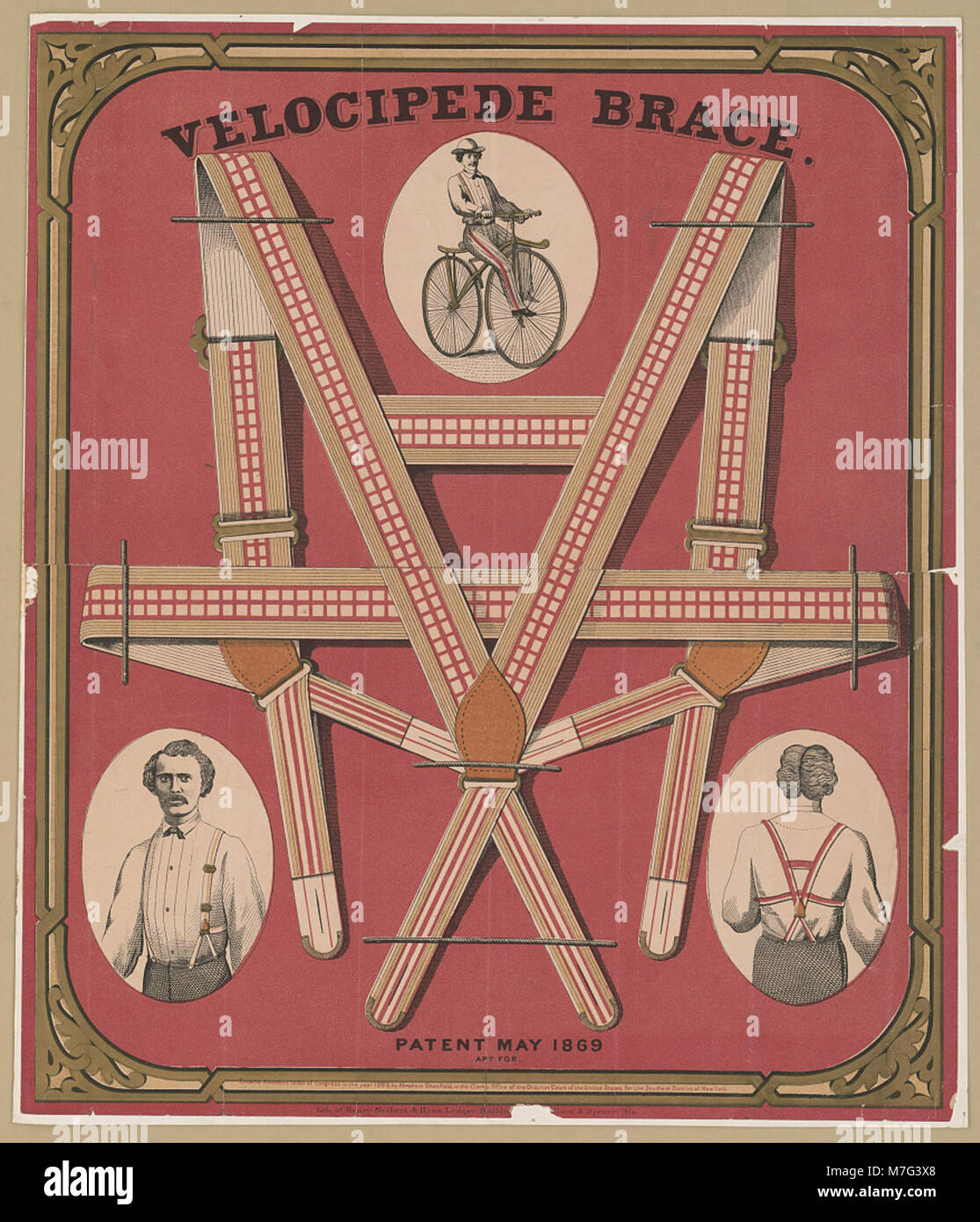Eine Lithografie, die eine Velocipede-Klammer von Henry Seibert & Bros. Zeigt das Ledger Building an der Ecke William Street und Spruce Street, das frühe industrielle Ausrüstung und Architektur zeigt. Stockfoto