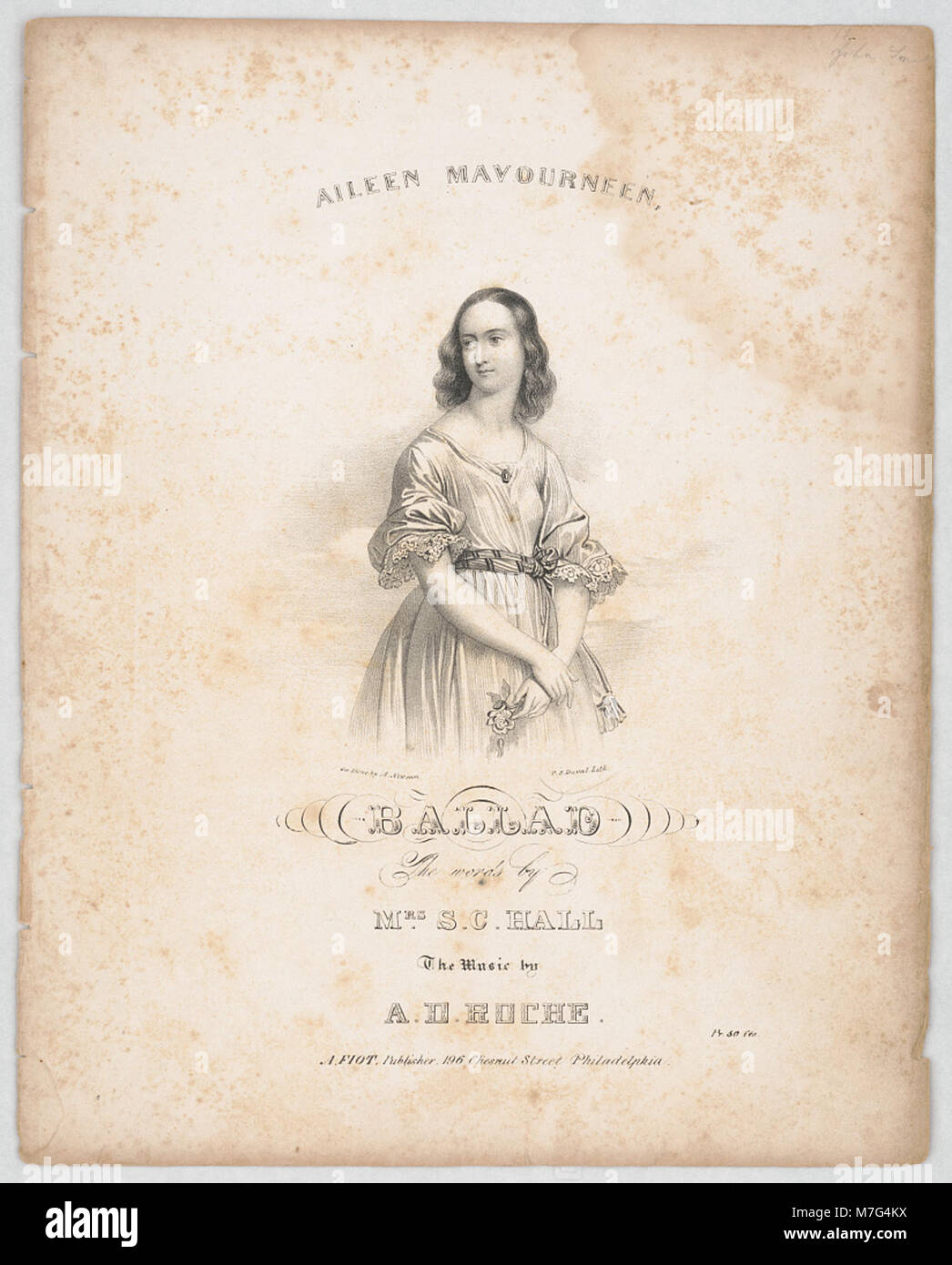 Dieses Bild zeigt die Lithographie von Aileen Mavourneen, einer beliebten Ballade aus dem 19. Jahrhundert, mit Texten von Mrs. S. C. Hall und Musik von A. D. Roche. Die Lithografie erfasst die künstlerische Darstellung dieses bekannten Liedes. Stockfoto