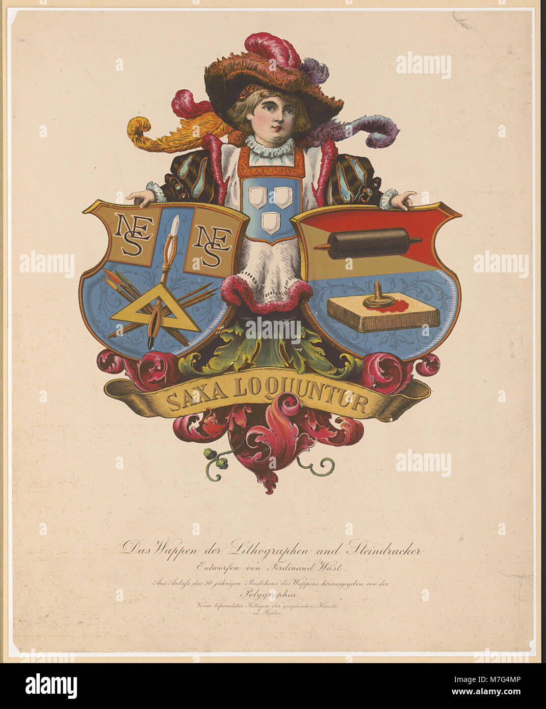 Das Wappen von Lithographen und Steindruckern, das das Emblem darstellt, das ihre handwerkliche und historische Bedeutung in der Druck- und Verlagsindustrie repräsentiert. Stockfoto