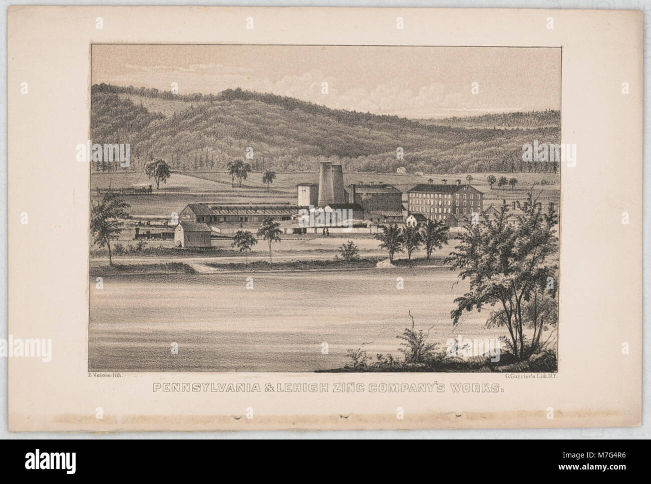 Eine Lithografie, die die Werke der Pennsylvania & Lehigh Zinc Company zeigt, ein Industriebild aus dem frühen 20. Jahrhundert, das die Produktionsanlage und Infrastruktur des Unternehmens darstellt. Stockfoto