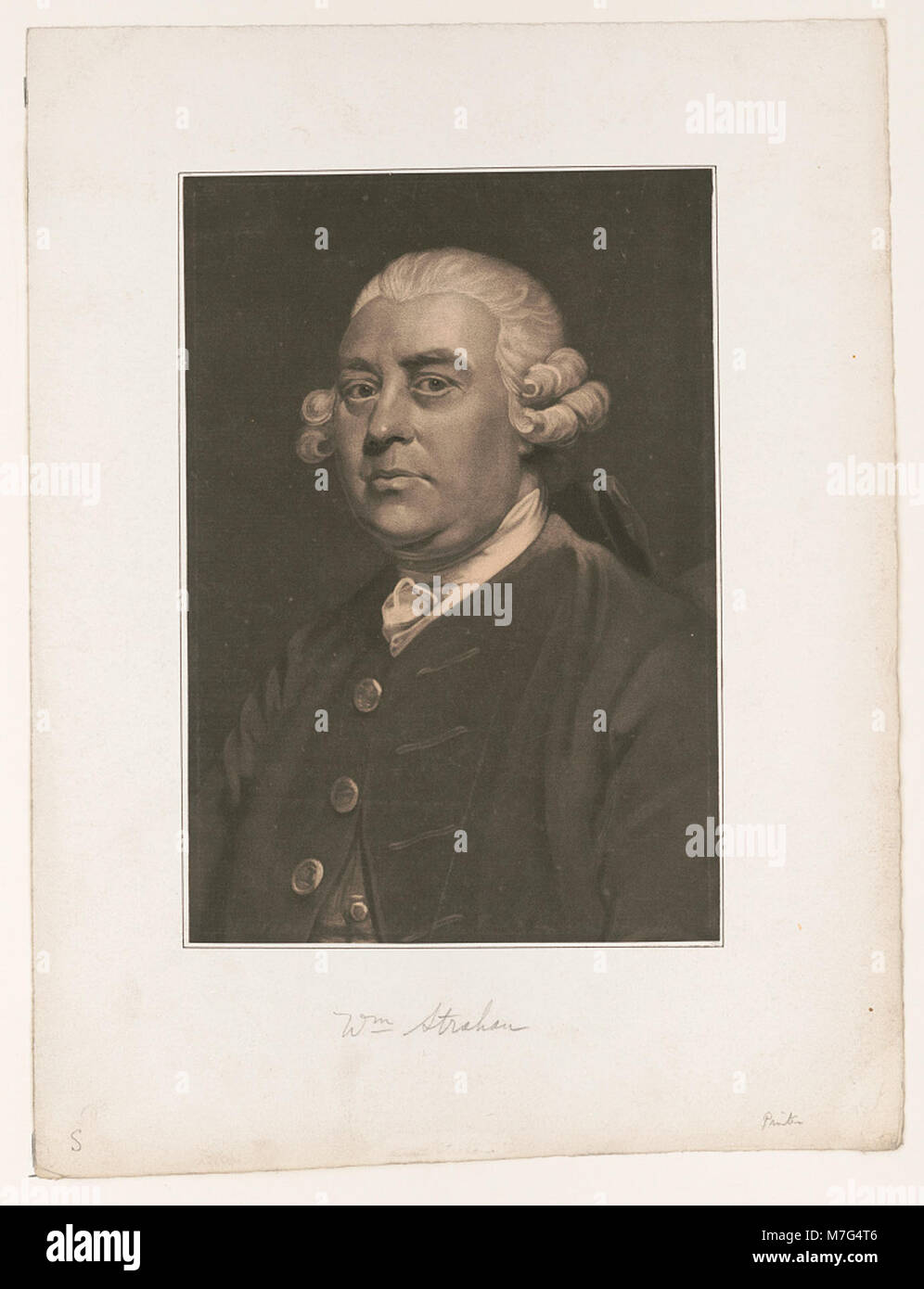 Ein Porträt von William Strahan, einem einflussreichen britischen Drucker und Verleger aus dem 18. Jahrhundert, bekannt für seine Rolle bei der Veröffentlichung bedeutender Werke dieser Zeit. Stockfoto