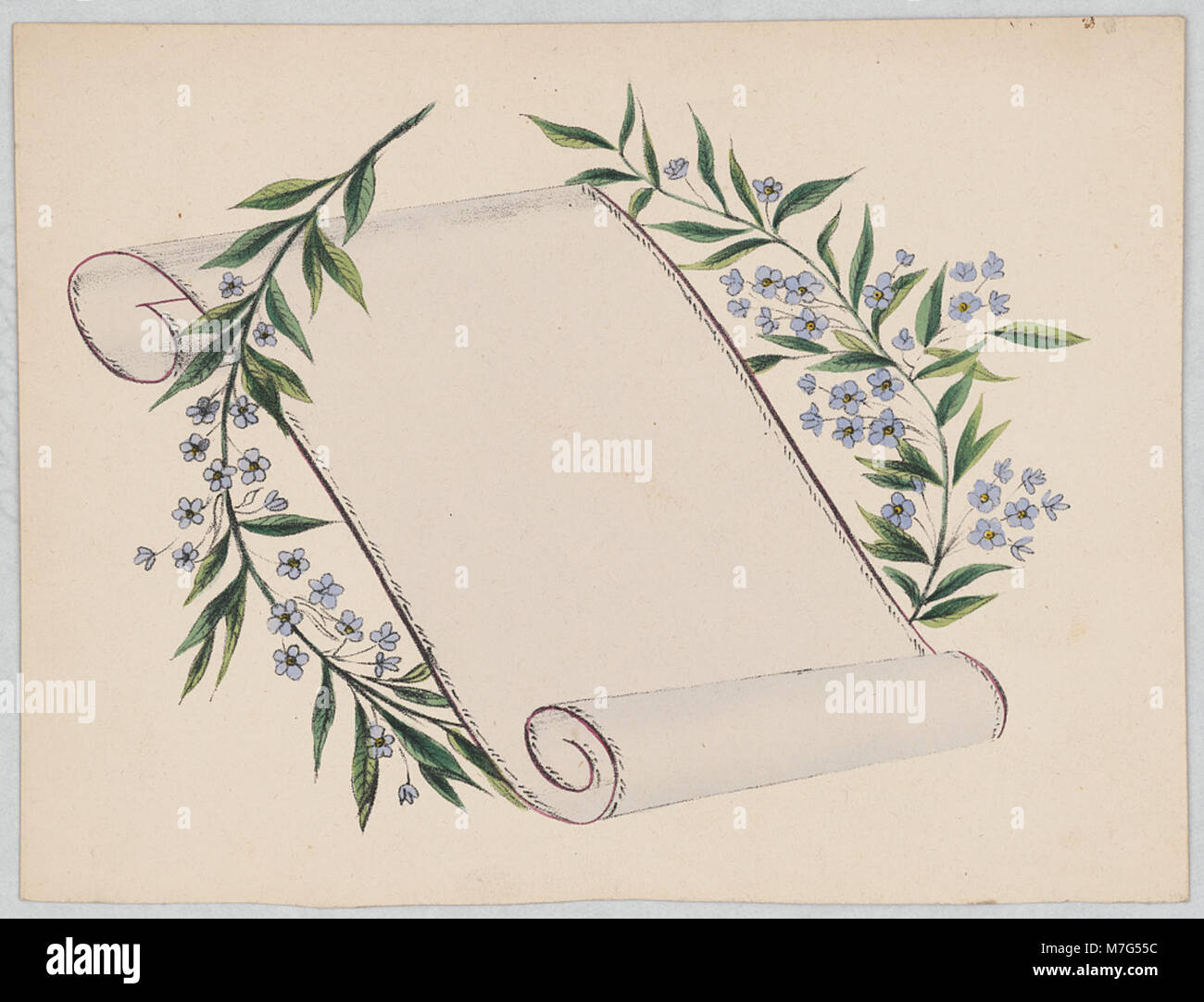 Ein dekoratives Scrolldesign mit Zweigen und blauen Blumen, das eine künstlerische Darstellung der Natur in stilisierter Form zeigt. Stockfoto