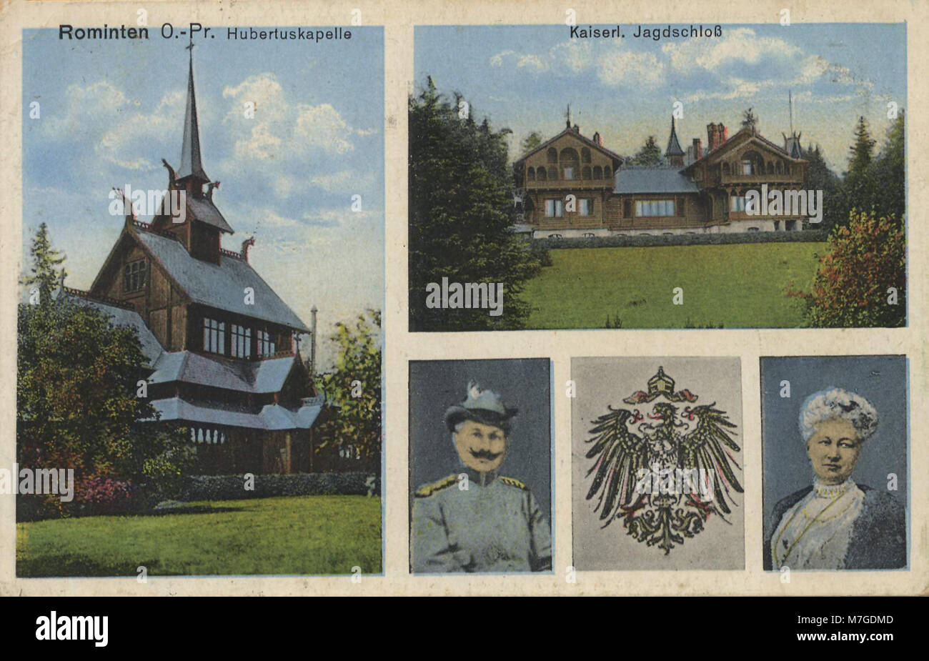 Eine alte Postkarte mit der Hubertuskapelle und dem Kaiserl. Jagdschloss in Rominten, Ostpreußen, mit Schwerpunkt auf königlicher Jagdhüttenarchitektur. Stockfoto