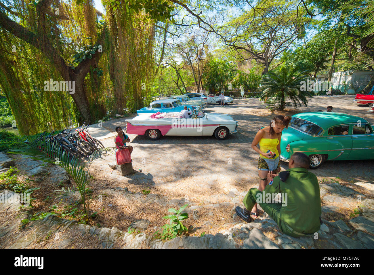 Eine Gruppe von Menschen und klassischen Autos an der Havanna Wald (Bosque de Havanna) in Havanna, Kuba Stockfoto