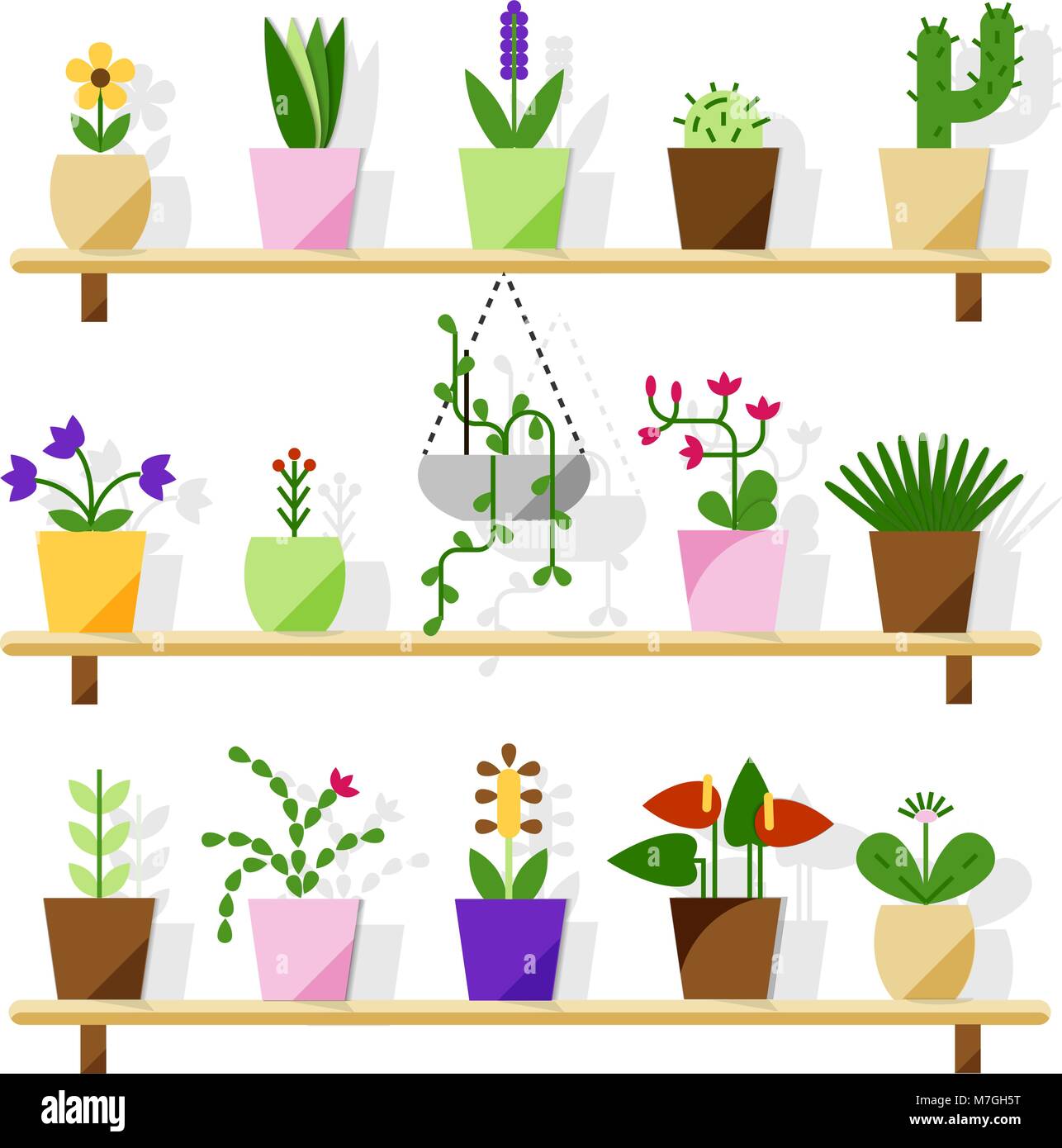 Indoor Topfpflanzen auf Weiß isoliert. Vektor einrichten grüne Pflanze im Topf, Illustration von Blumentopf bloom Stock Vektor