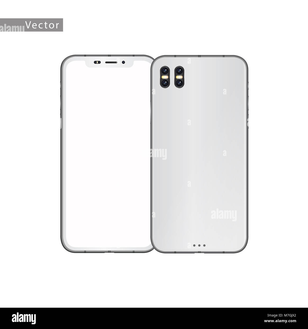 Neues Smartphone mit leeren weißen Bildschirm an. Auf weissem Hintergrund. Realistische Vector Illustration. Stockfoto