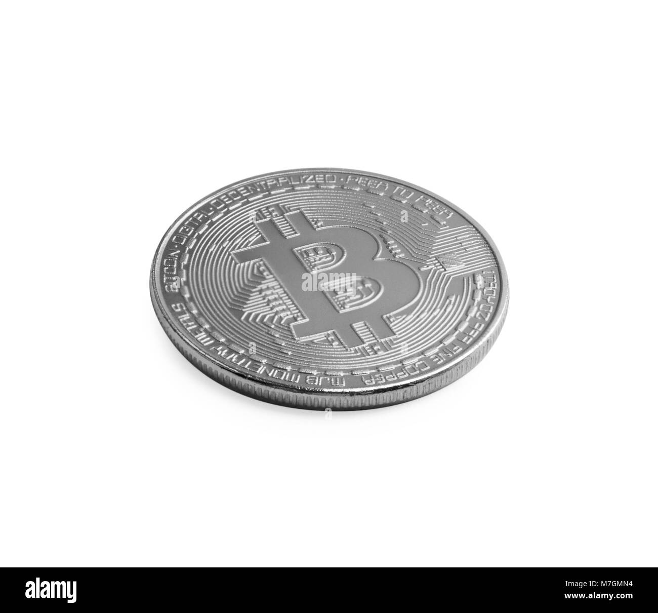 Bitcoin. Silber bitcoin auf weißem Hintergrund. Mit Freistellungspfaden. Stockfoto
