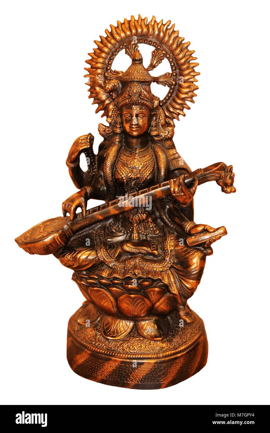 Eine bronzene Statue der Göttin der Weisheit, Saraswati. Stockfoto