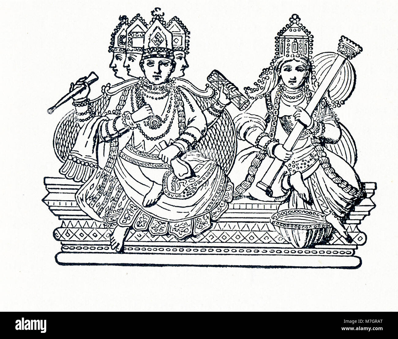 Diese Abbildung stammt aus um 1898 und zeigt die hinduistischen Gottheit Brahma mit Saraswati. Im Hinduismus, in der Trimurti stellen die höchste Göttlichkeit. Dieser Dreiklang von Gottheiten ist in der Regel wie folgt: Brahma den Schöpfer, Vishnu den Erhalter und Shiva ist der Zerstörer. Die Göttin Saraswati ist die Ehefrau von Brahma. Stockfoto