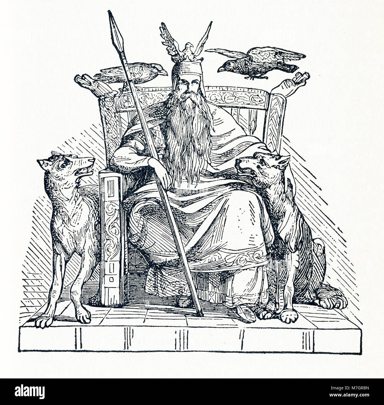 Nach der nordischen Mythologie, Odin war einer der wichtigsten Götter und die Herrscher von Asgard (das Land oder die Hauptstadt der nordischen Götter). Hier Odin sitzt auf seinem Thron. Auf seiner Schulter sind die beiden Raben Hugin (auch Huginn- und Bedeutung 'Gedanken') und Munin (auch Muninn und Bedeutung 'memory'), die mit ihm verbunden sind. Zu seiner Rechten und Linken unten sind die zwei Wölfe, Geri und Freki (beide mit der Bedeutung "gierig" oder ravenous'), das auch gesagt wurden, ihn zu begleiten. Stockfoto