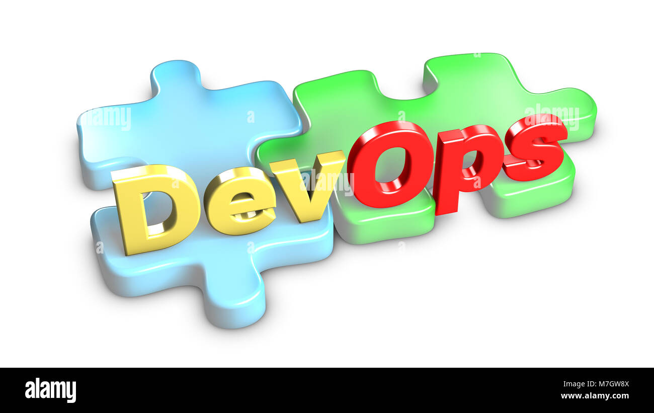 DevOps, Entwicklung und Betrieb. Jedes Wesen ist ein Teil des Puzzles. 3D-Rendering. Stockfoto